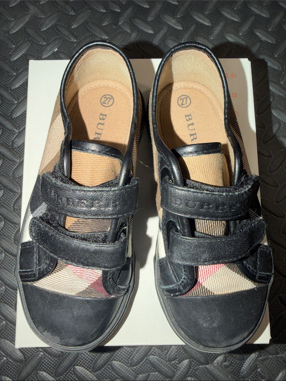 Burberry Tan & Black Check Kids Velcro Sneakers